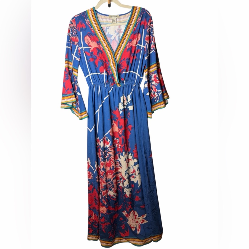 Flying Tomato Boho Floral Maxi Dress Blue Bell Sleeve Festival Resort M